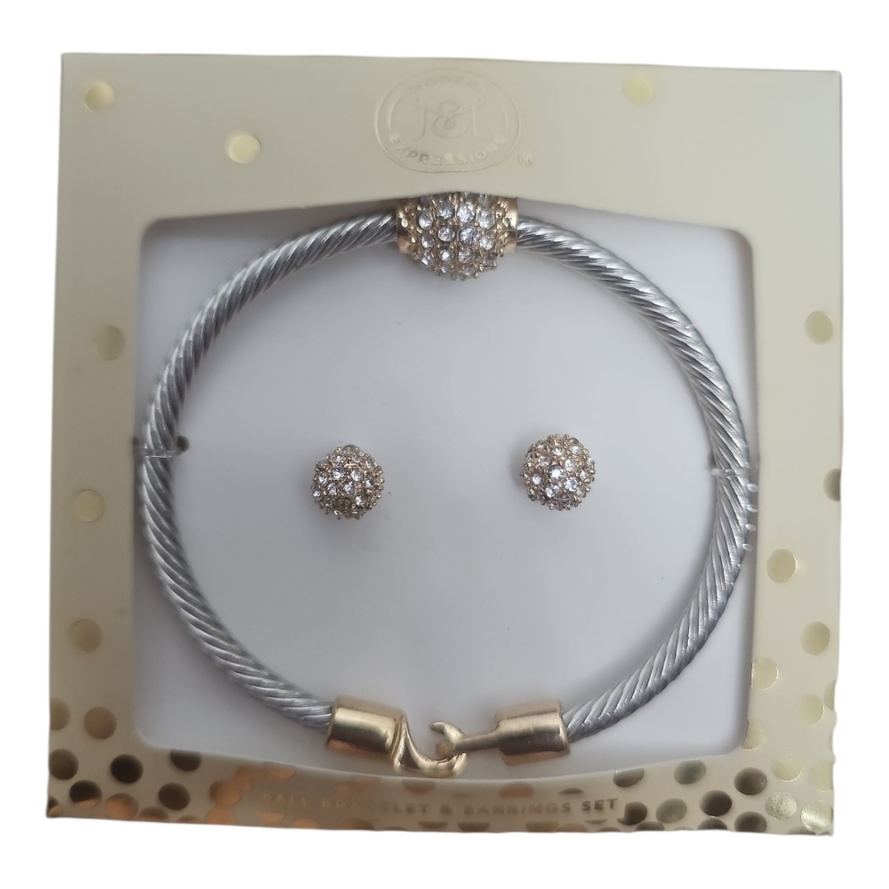 Modern Expressions Silver Gold‎ Rhinestone Ball Bracelet & Earring Set NWT